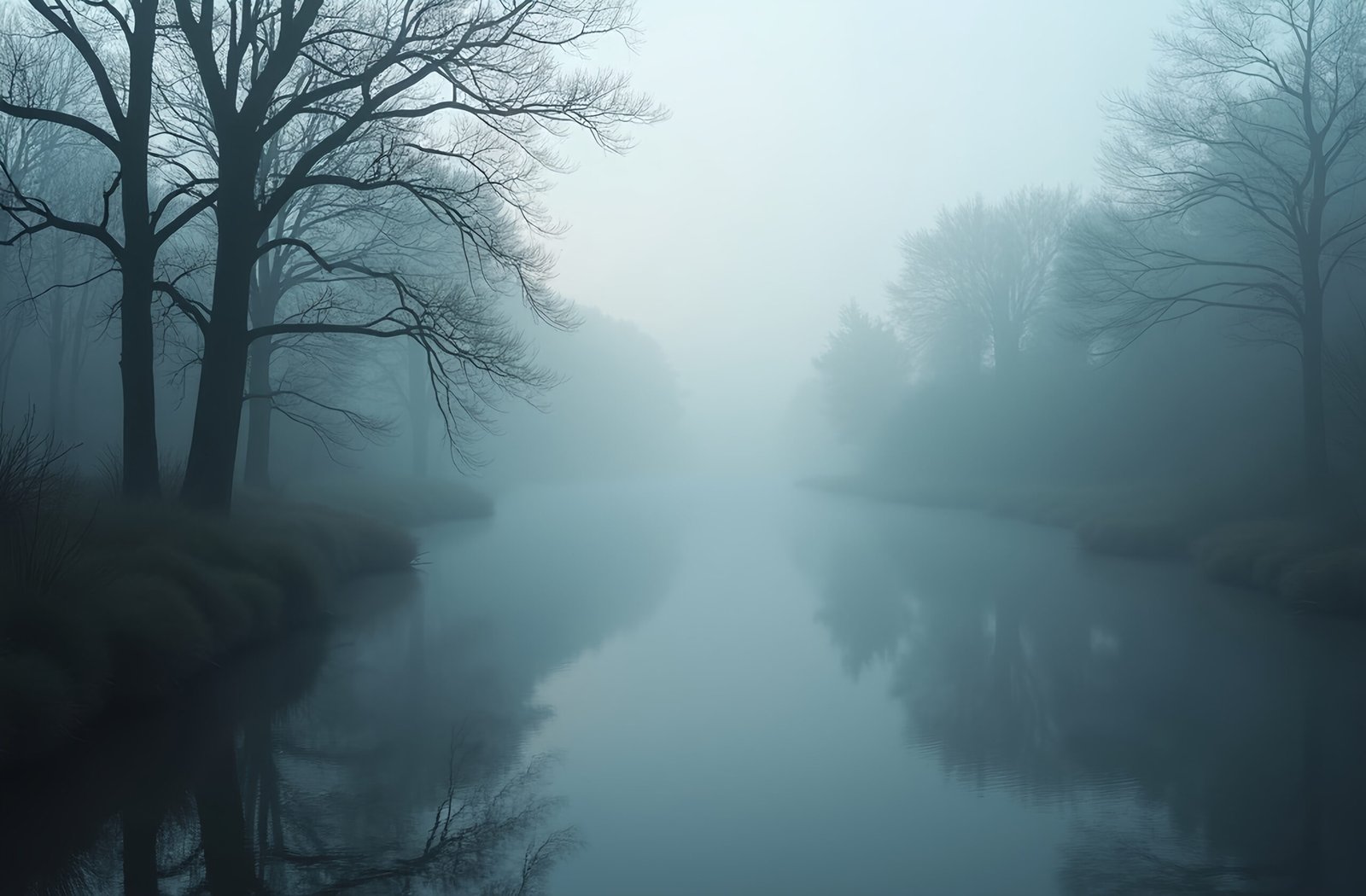 Serene river winding through dense morning fog in a misty woodland scene
