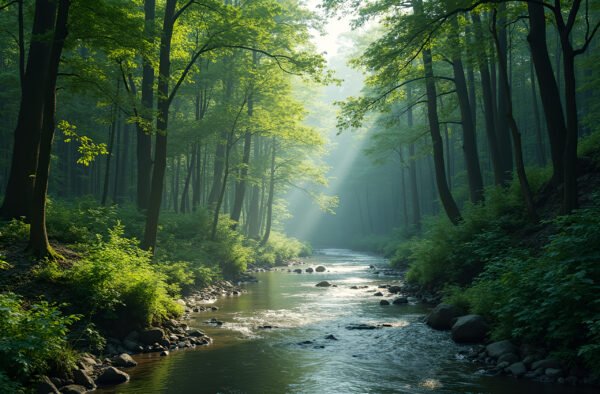 A narrow river winding through a lush green forest with tall trees on both sides