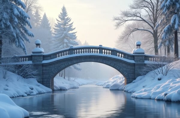 A picturesque bridge blanketed in fresh snow, spanning a frozen river with snow-covered trees