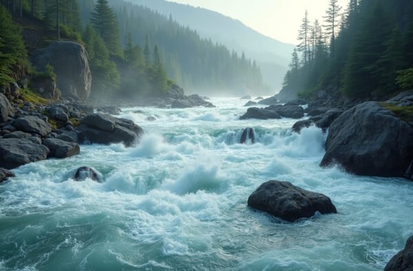 A powerful river with white-water rapids crashing over large rocks in a dramatic landscape