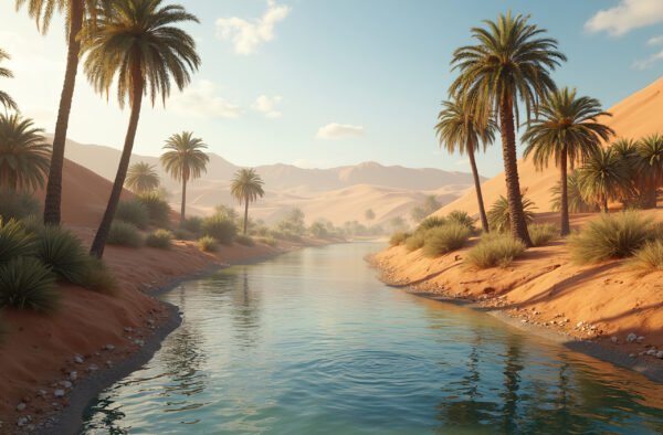 A rare river flowing through a desert landscape, surrounded by palm trees and sandy dunes