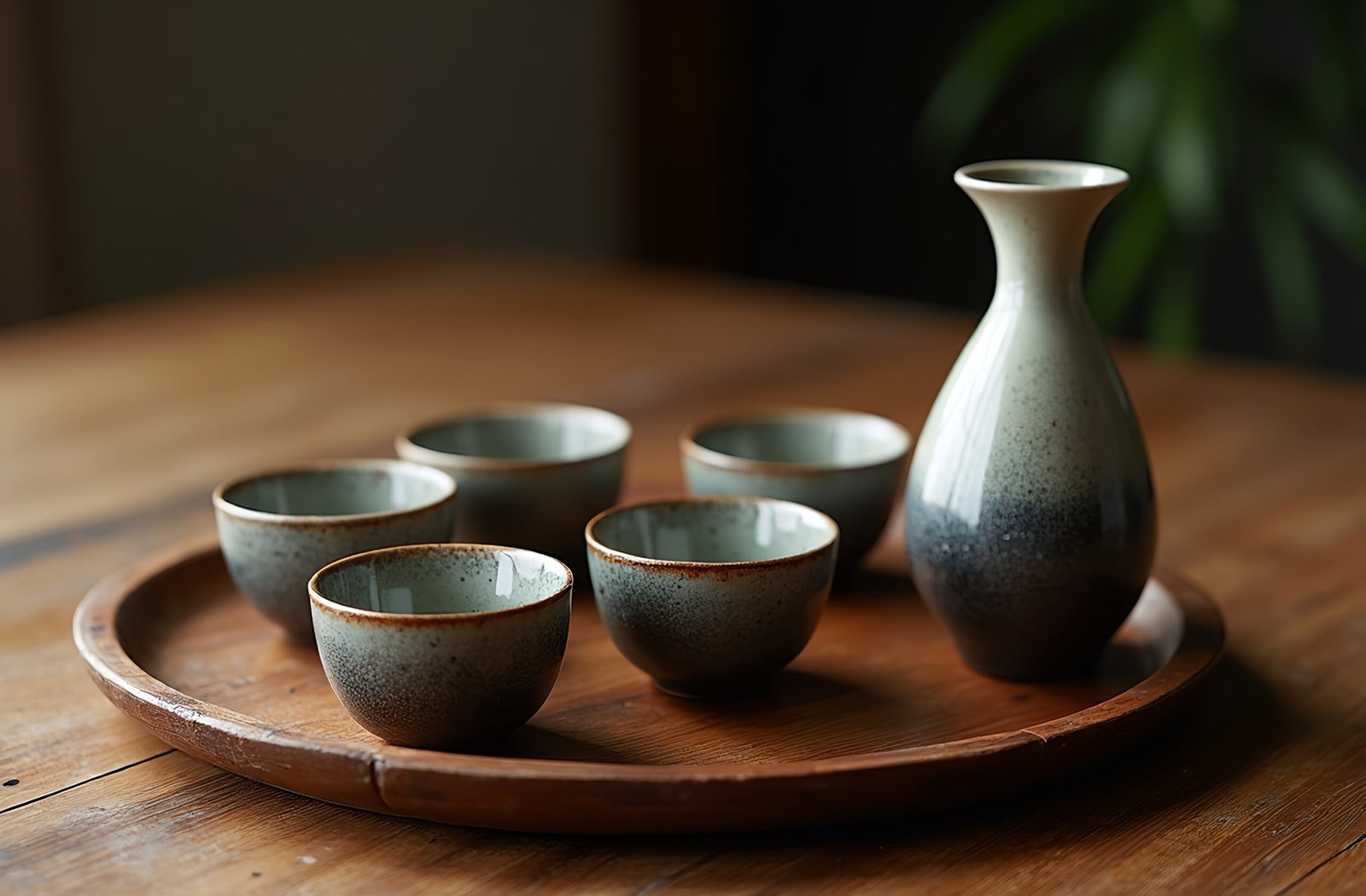 A set of ceramic sake cups with a pouring flask on a wooden tray