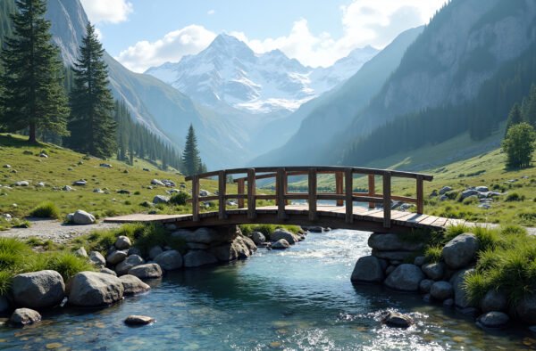 small wooden bridge crossing a crystal-clear mountain stream with snow-capped peaks in the background