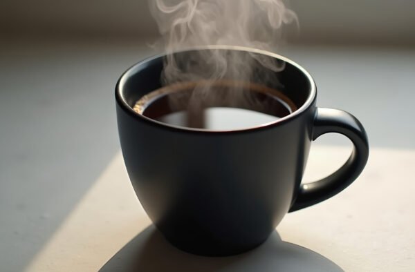 A steaming cup of black coffee in a modern matte black mug on a neutral background