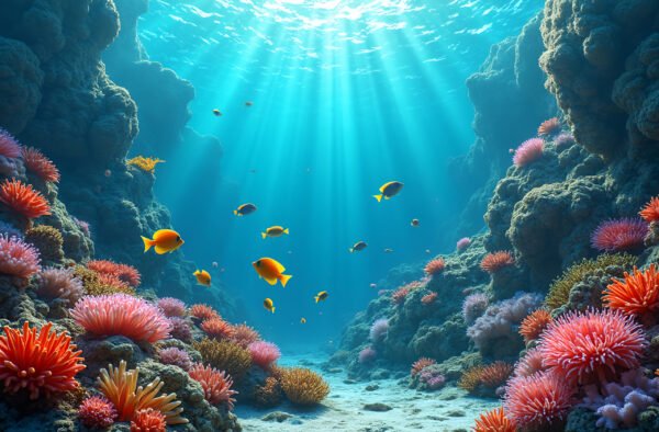 A vibrant coral reef teeming with colorful fish, sea anemones, and marine plants in crystal-clear water