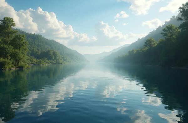 A wide, tranquil river with mirror-like reflections of clouds and trees on its surface