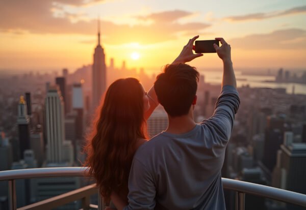 Young couple smiling and taking a selfie on a high rooftop with city skyline in background