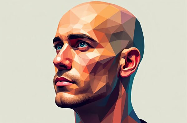An abstract vector of a bald man face created with overlapping geometric shapes and vibrant colors
