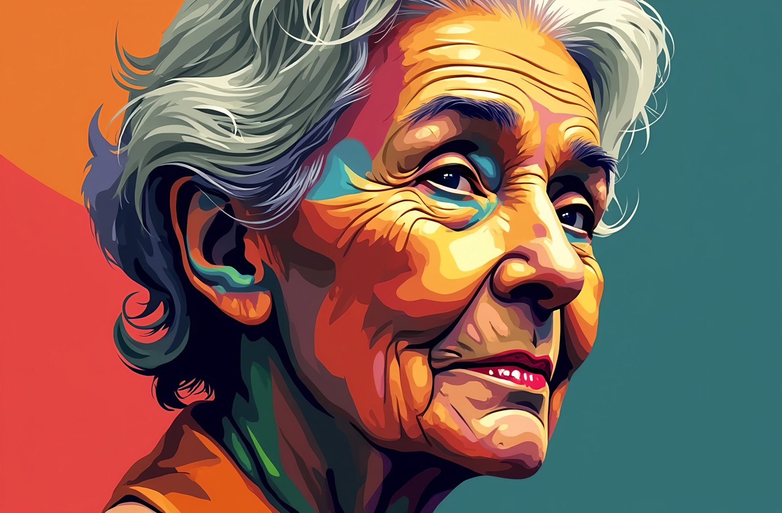 An abstract vector of a old woman face created with overlapping geometric shapes and vibrant colors