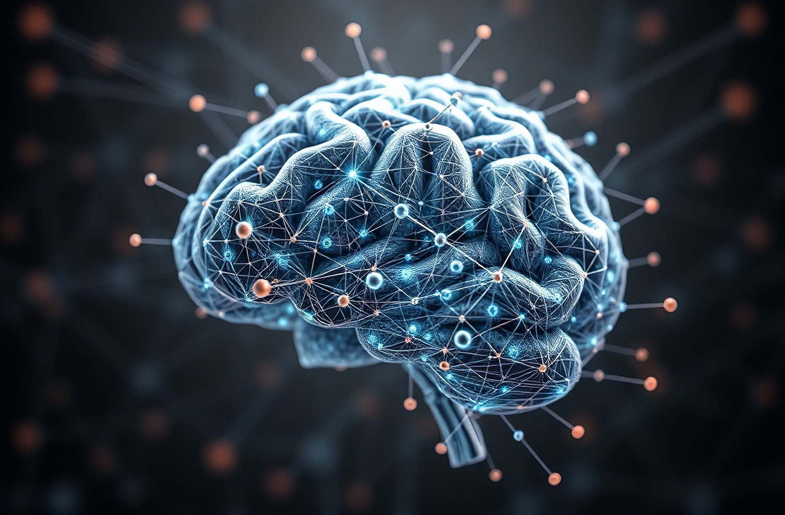 Abstract AI visualization showing interconnected neuron nodes forming brain-like shape representing artificial intelligence neural networks