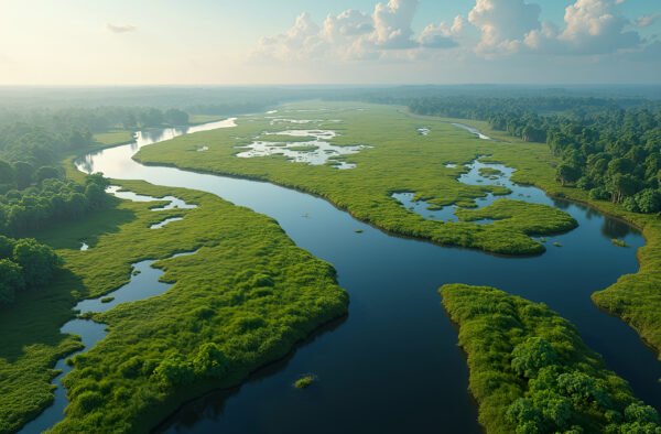 An aerial view of a river delta with branching channels and vibrant wetland patterns
