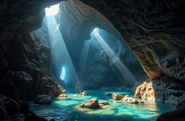 An underwater cave with rugged rock formations and shafts of light streaming through openings