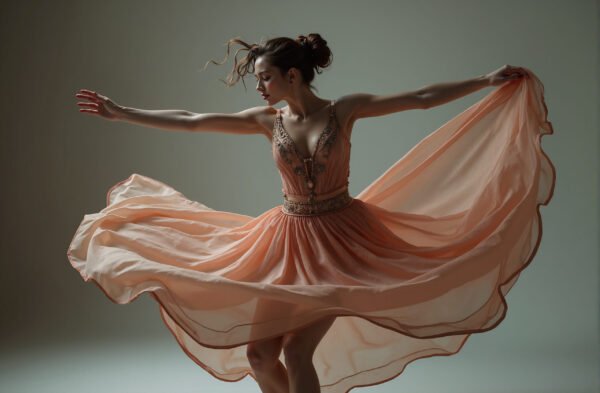 A dancer in motion, captured mid-spin with flowing clothes creating dynamic shapes