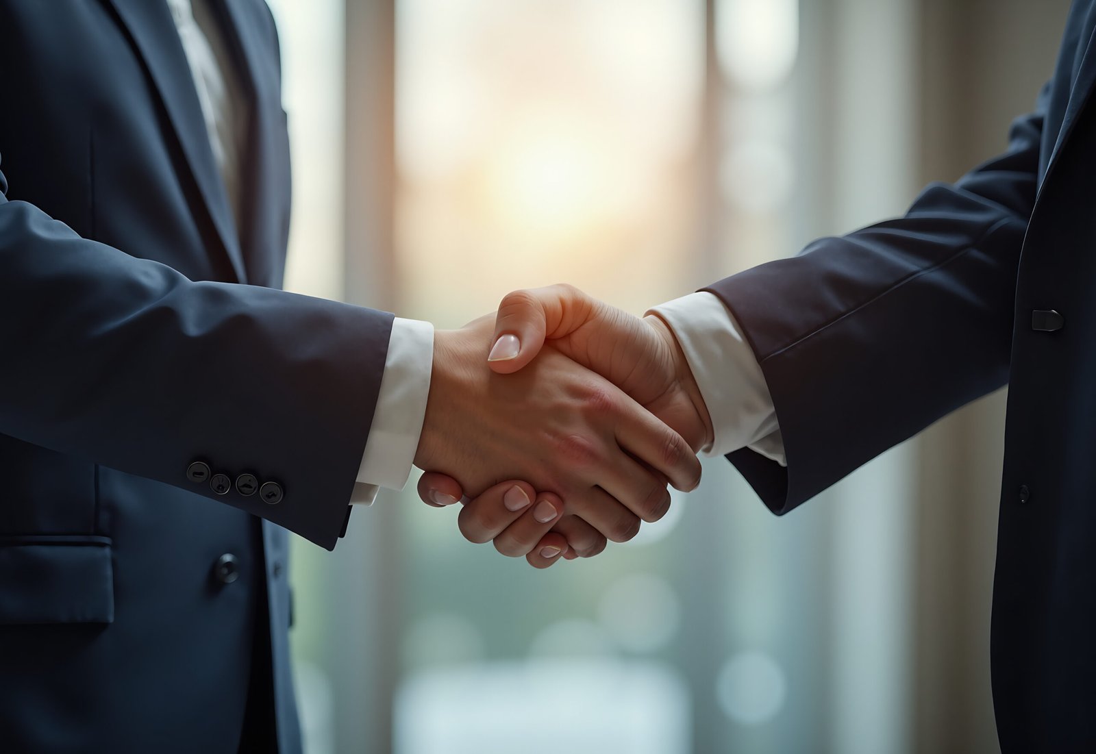 Two professional businessmen in suits shaking hands in formal office environment