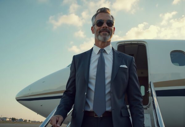 successful businessman boarding a private jet for a business trip