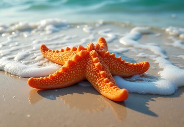 bright orange starfish resting on the shoreline as gentle waves touch it