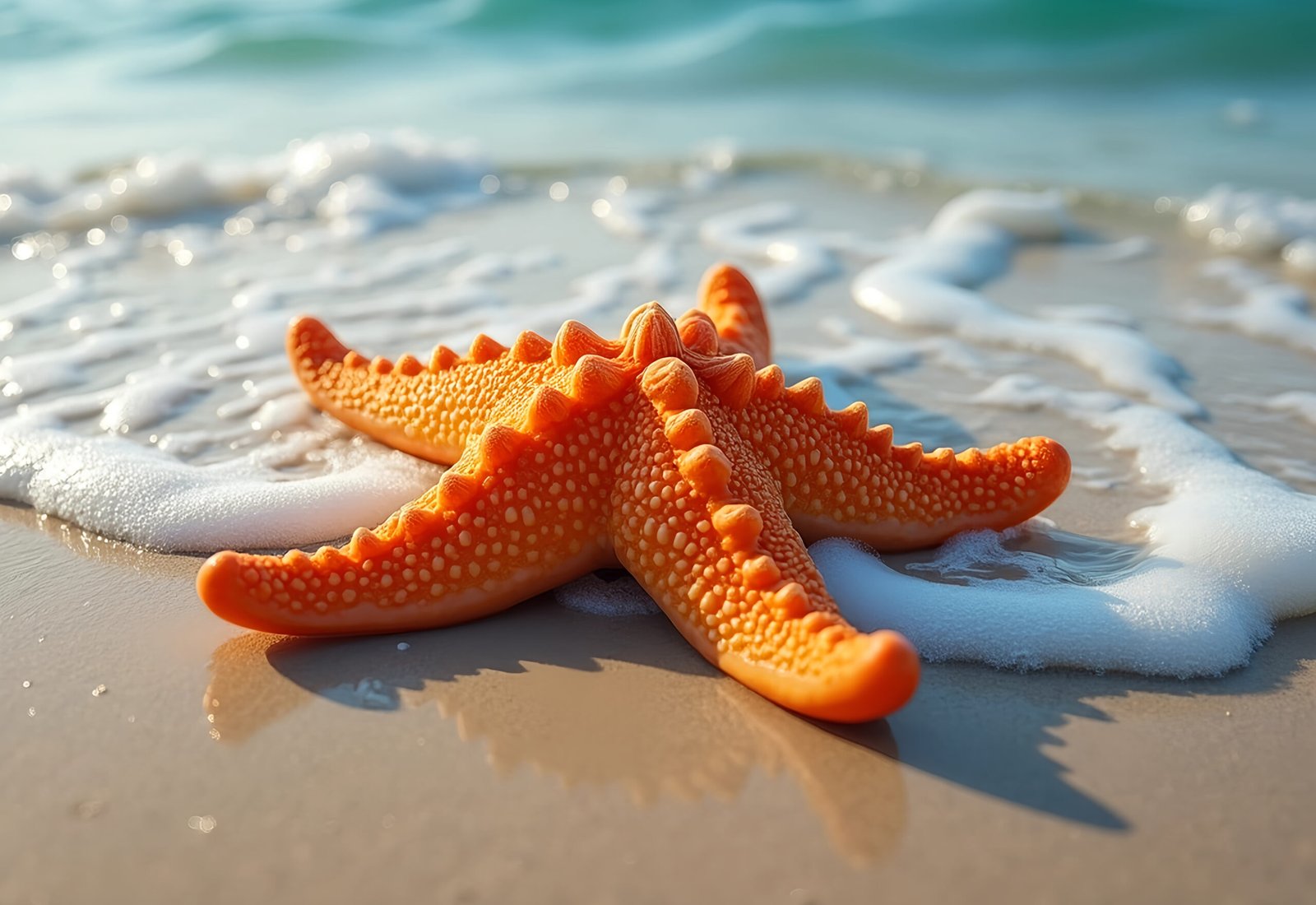 Bright orange starfish resting on sandy beach shoreline with gentle ocean waves touching it