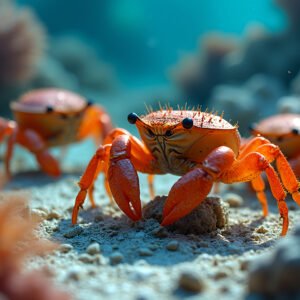 Vibrant crabs with bright colors scuttling over coral-covered rocks on the ocean floor in clear water