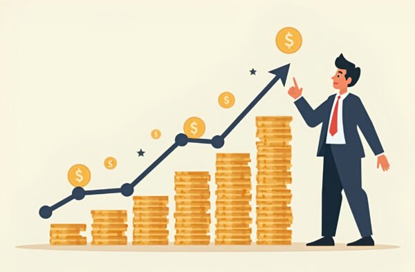 A businessman pointing at an upward-trending graph with growing stacks of coins, done in a clean, minimal vector style
