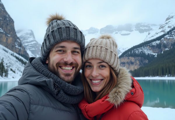 A couple taking a winter selfie with snow-covered mountains and a frozen lake behind them