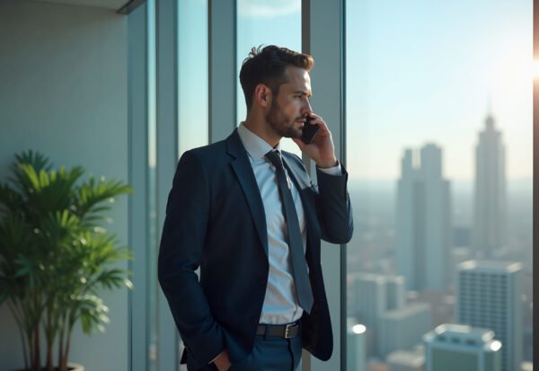 A businessman talking on his smartphone while standing near a glass window in a high-rise office