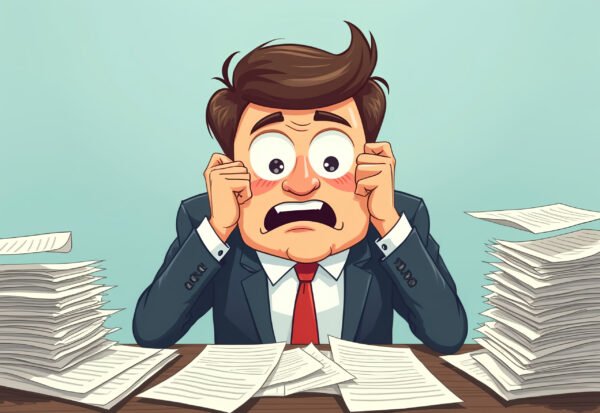 A cartoon businessman buried in paperwork, looking stressed