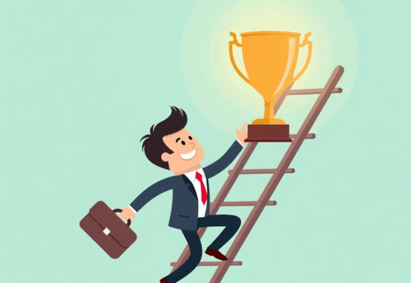 A cartoon businessman climbing a ladder with a confident smile, carrying a briefcase, and looking at a shining trophy above