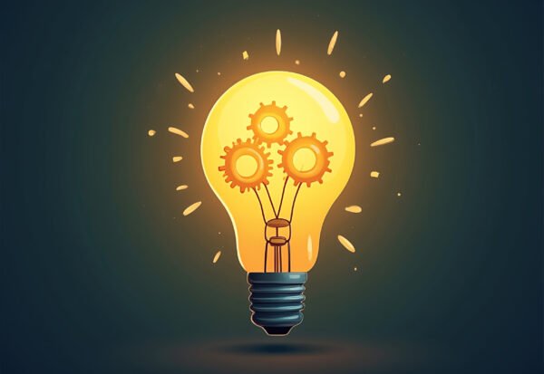 A cartoon-style glowing lightbulb with small gears inside, symbolizing a bright idea
