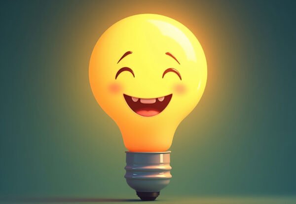 A cartoon-style lightbulb with a big smiling face, glowing brightly to symbolize a new idea
