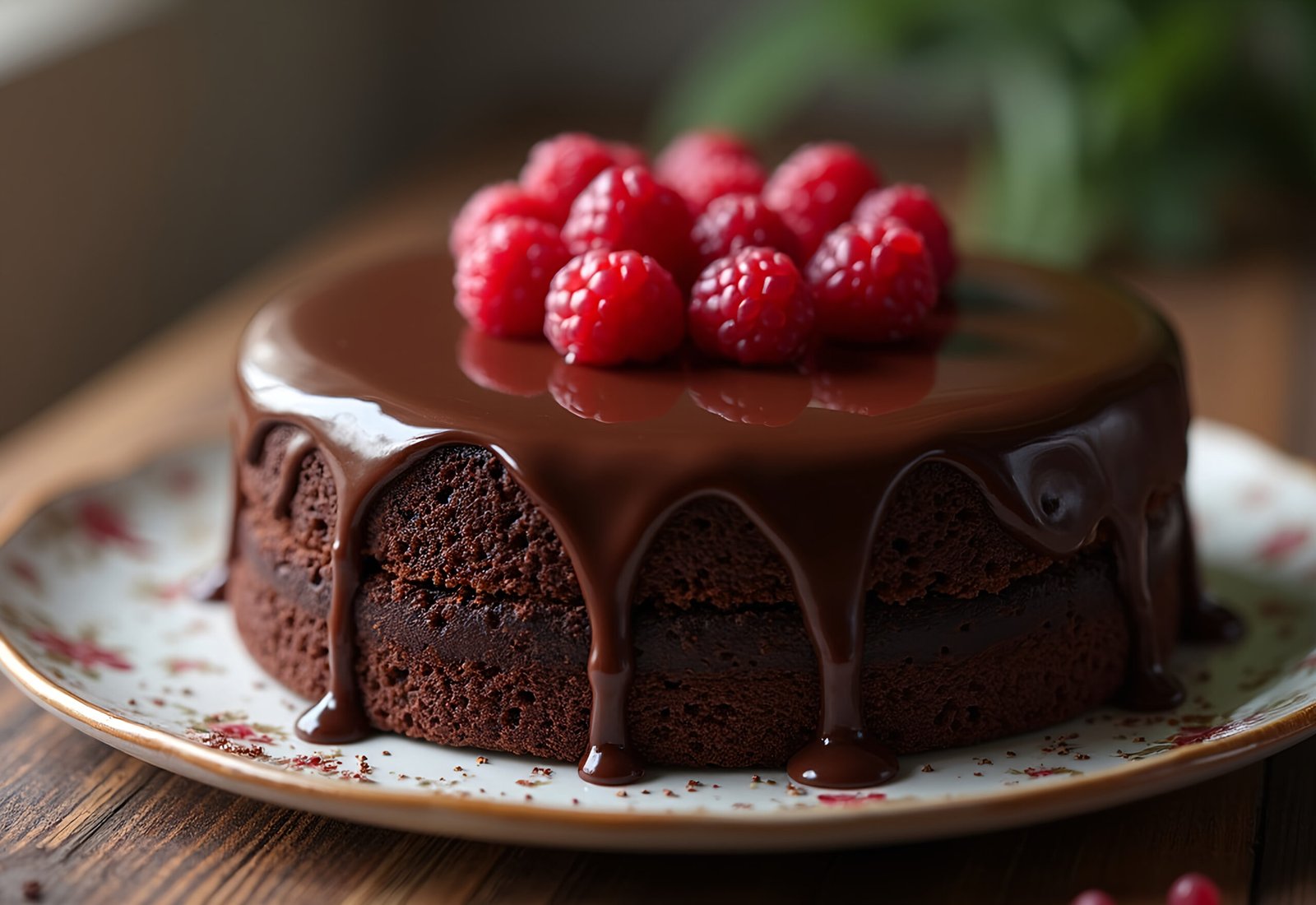 Chocolate fudge cake slice with glossy ganache topping garnished with fresh berries