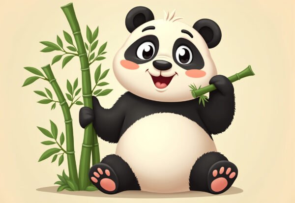 A chubby cartoon panda munching on bamboo, sitting in a relaxed pose with big round eyes