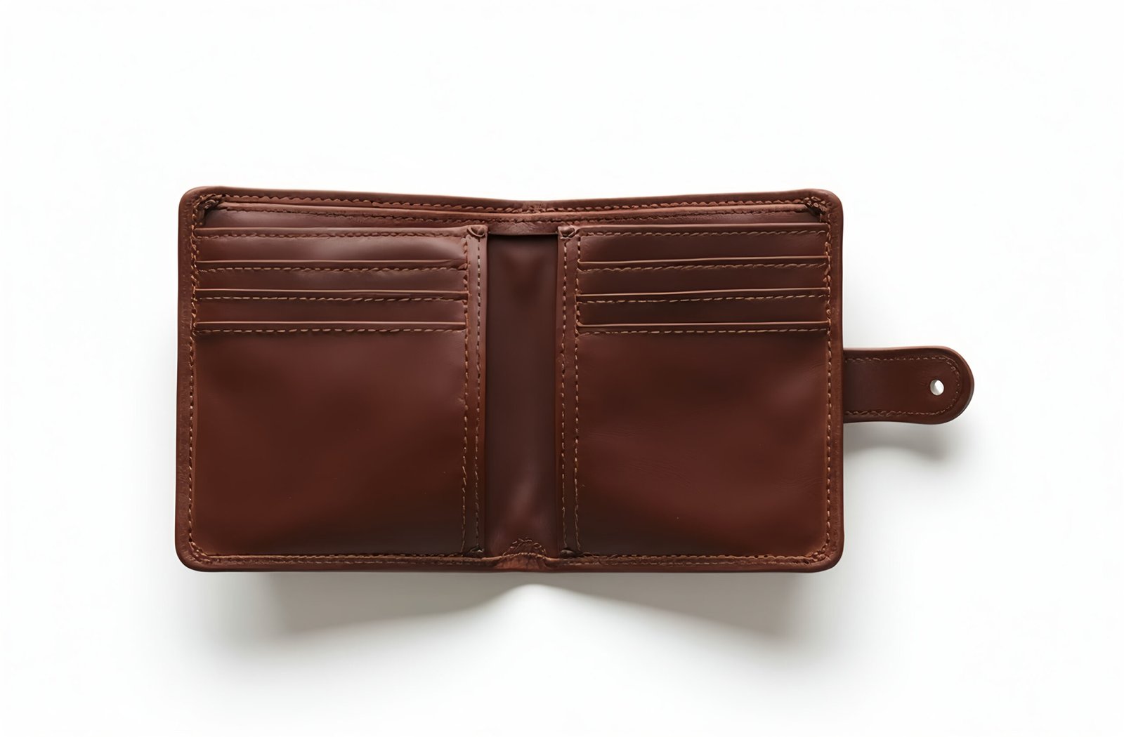 Opened classic brown leather wallet isolated on white background showing interior compartments
