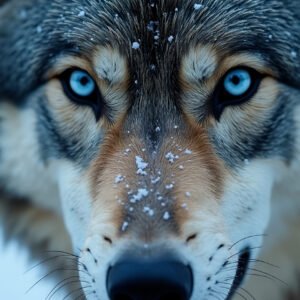 Close-up of snow-covered wolf’s face with piercing blue eyes—ideal for wildlife visuals, nature storytelling, and dramatic portrait work