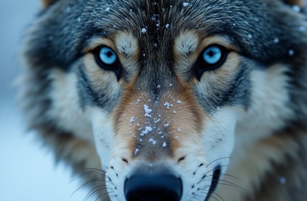 Close-up of snow-covered wolf’s face with piercing blue eyes—ideal for wildlife visuals, nature storytelling, and dramatic portrait work