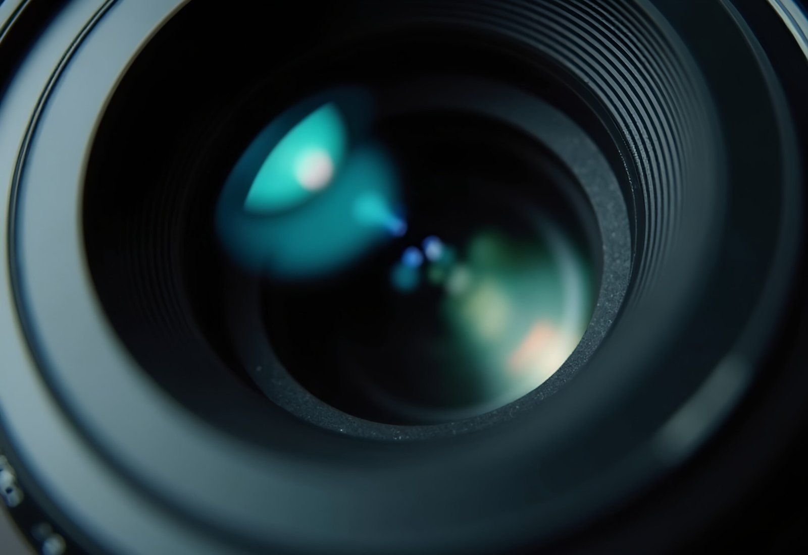 Extreme close-up view of camera lens showing detailed mechanical components and glass elements