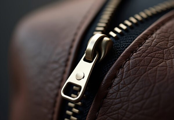 A close-up of a metal zipper partially open, highlighting the texture of the leather fabric