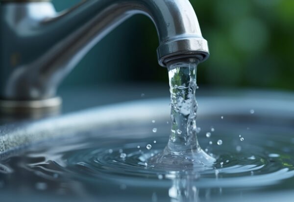 A high-speed close-up of water droplet falling from a faucet