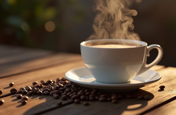 Close-up of coffee cup on wooden table with scattered coffee beans and warm morning light