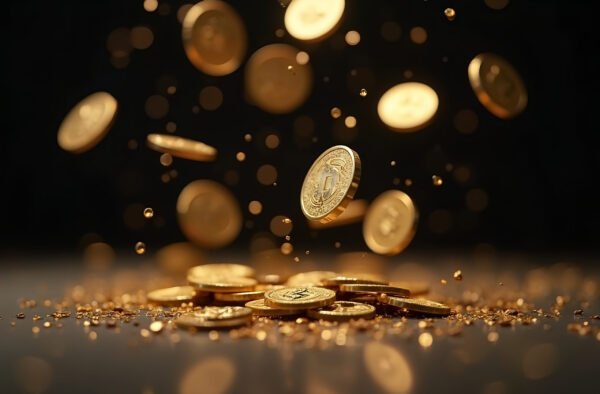 A close-up of gold and silver coins falling in mid-air with a dark background
