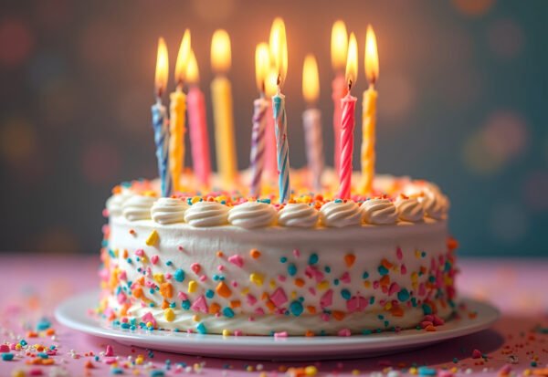 Birthday cake with lit candles and rainbow sprinkles, colorful and festive