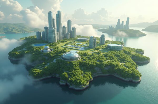 A conceptual floating city with futuristic architecture and green energy sources
