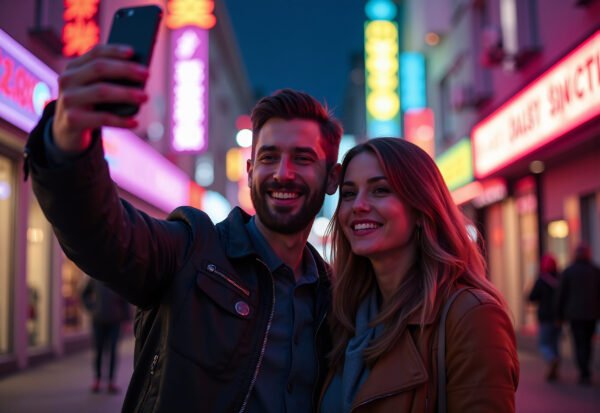 Couple smiling and taking a selfie on a neon-lit city street at night, capturing vibrant urban energy