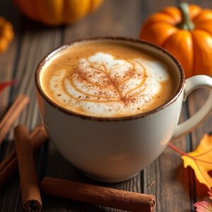 Cozy pumpkin spice latte in mug with cinnamon stick garnish surrounded by colorful autumn fall leaves