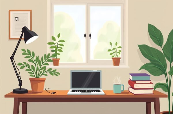 home office vector illustration with a laptop, books, coffee mug, and green plants on a wooden desk