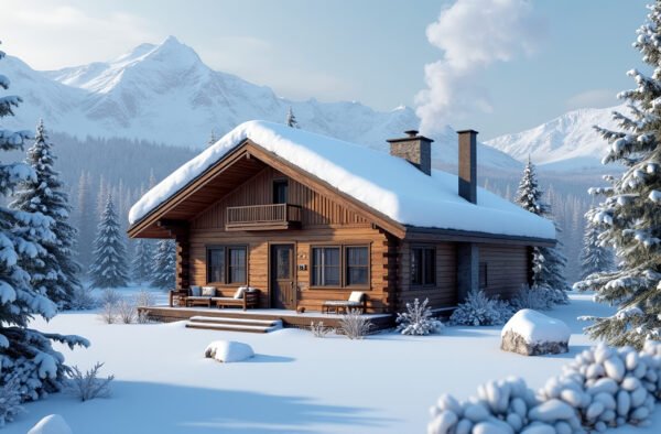 A cozy wooden cabin with smoke coming out of the chimney, nestled in a snowy mountain landscape