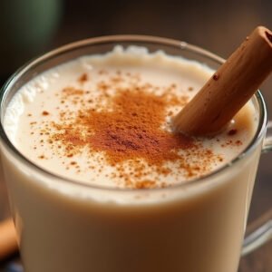 Glass of creamy white Mexican horchata with cinnamon sticks floating on surface