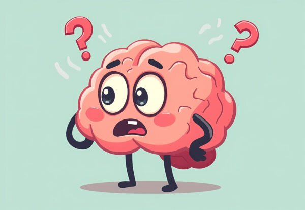 A cute, cartoon-style brain character looking confused, with wobbly eyes and floating question marks