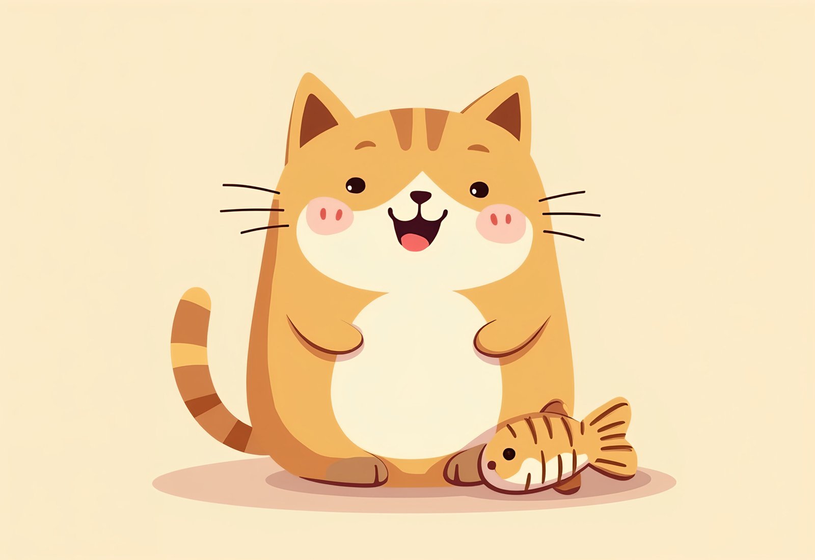 Happy cartoon cat character with big smile holding or posing with fish in colorful playful illustration style
