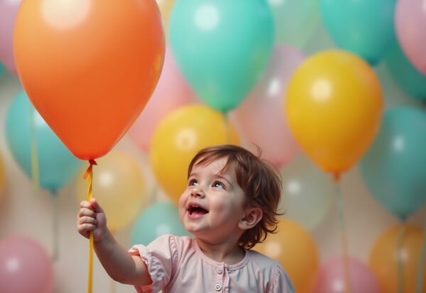 A cute child holding a big colorful balloon, looking excited.