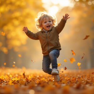 Happy child jumping playfully into large pile of colorful autumn leaves outdoors